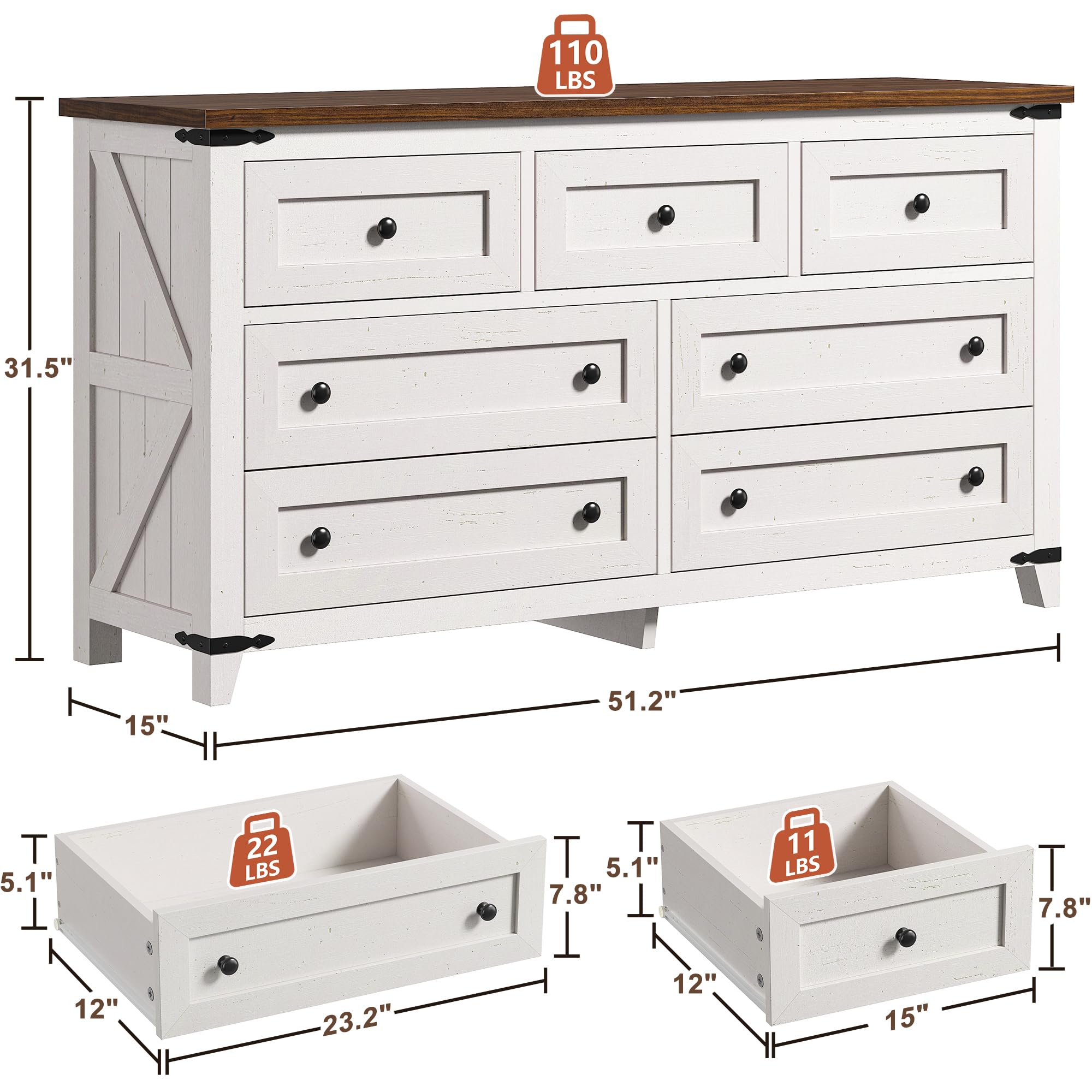 EnHomee Farmhouse 7 Drawers Dresser for Bedroom 51" Wide Wood Dressers & Chests of Drawers White Dresser with Natural Texture Bedroom Dresser TV Stand for Bedroom, Hallway, Closet, Antique White