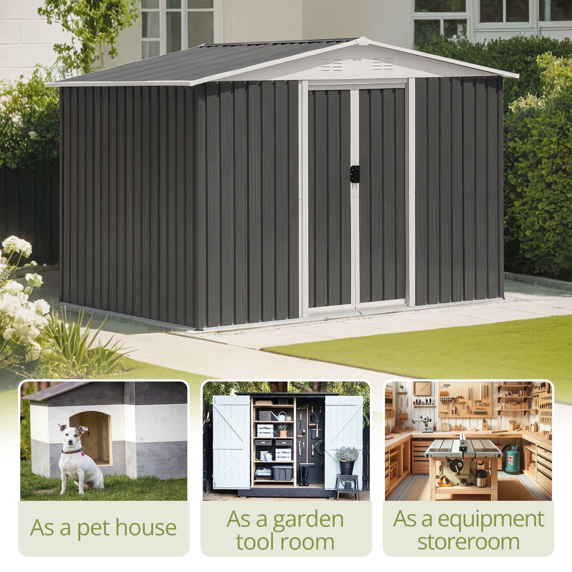 8x6 FT Outdoor Storage Shed, Metal Tool Sheds with Lockable Sliding Door & Air Vent, Garden Shed for Backyard Garden Patio Lawn, Dark Grey