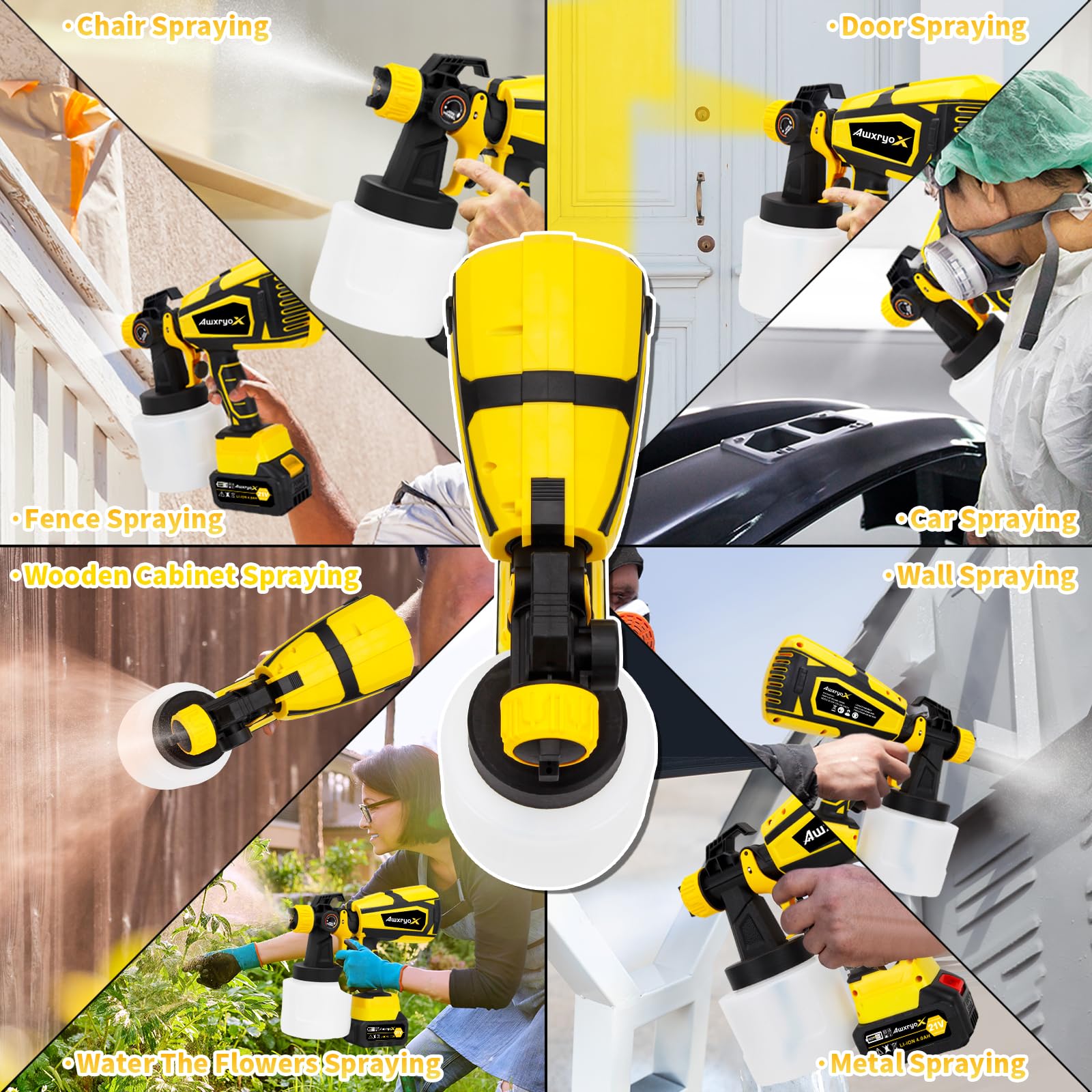 AwxryoX Upgrades Battery Paint Sprayer Cordless, Brushless Paint Gun with 2 x 4.0Ah Battery & 1200ml High Capacity 6 Nozzles, HVLP High Pressure Paint Gun for Furniture Cabinets Fence Wall Door Chairs