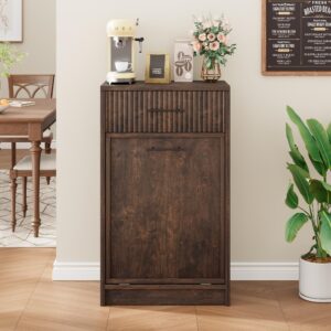 GAOMON Fluted Tilt Out Trash Can Cabinet, Hidden Garbage Can Cabinet 10 Gallon, Freestanding Dog Proof Trash Can Cabinet, Wooden Trash can for Kitchen Dining Living Room, Brown Cherry