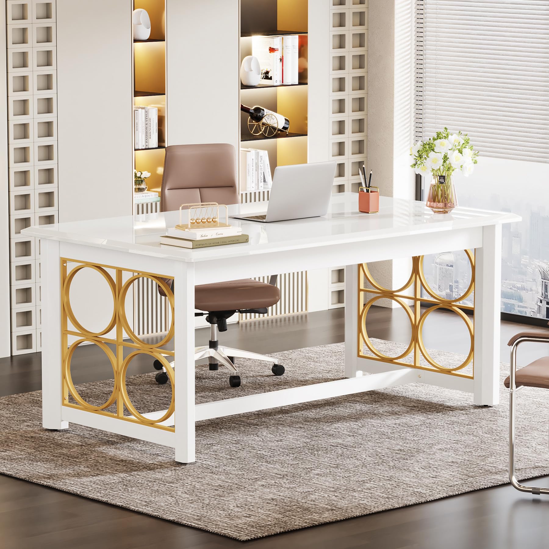 Tribesigns 63" Executive Desk, Modern Office Desk with Glossy Surface, Large Computer Desk for Home Office, Conference Table for Meeting Room, Glossy White & Gold