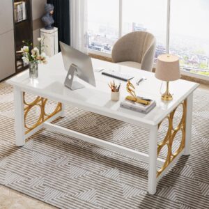 Tribesigns 63" Executive Desk, Modern Office Desk with Glossy Surface, Large Computer Desk for Home Office, Conference Table for Meeting Room, Glossy White & Gold