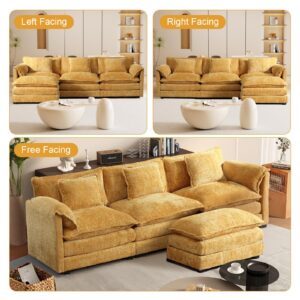 112" Sectional Couches for Living Room, L Shaped Modular Sofa Cloud Couch, Deep 3 Seater with Movable Ottoman, Modern Oversized Comfy Chenille Sofas for Apartment, Office, (Yellow)