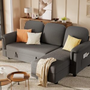 YESHOMY L-Shaped Sofa Bed Convertible Sectional,Pull Out Couches,3 Comfortable Seats with Storage Space,for Living Room,Cotton Grey