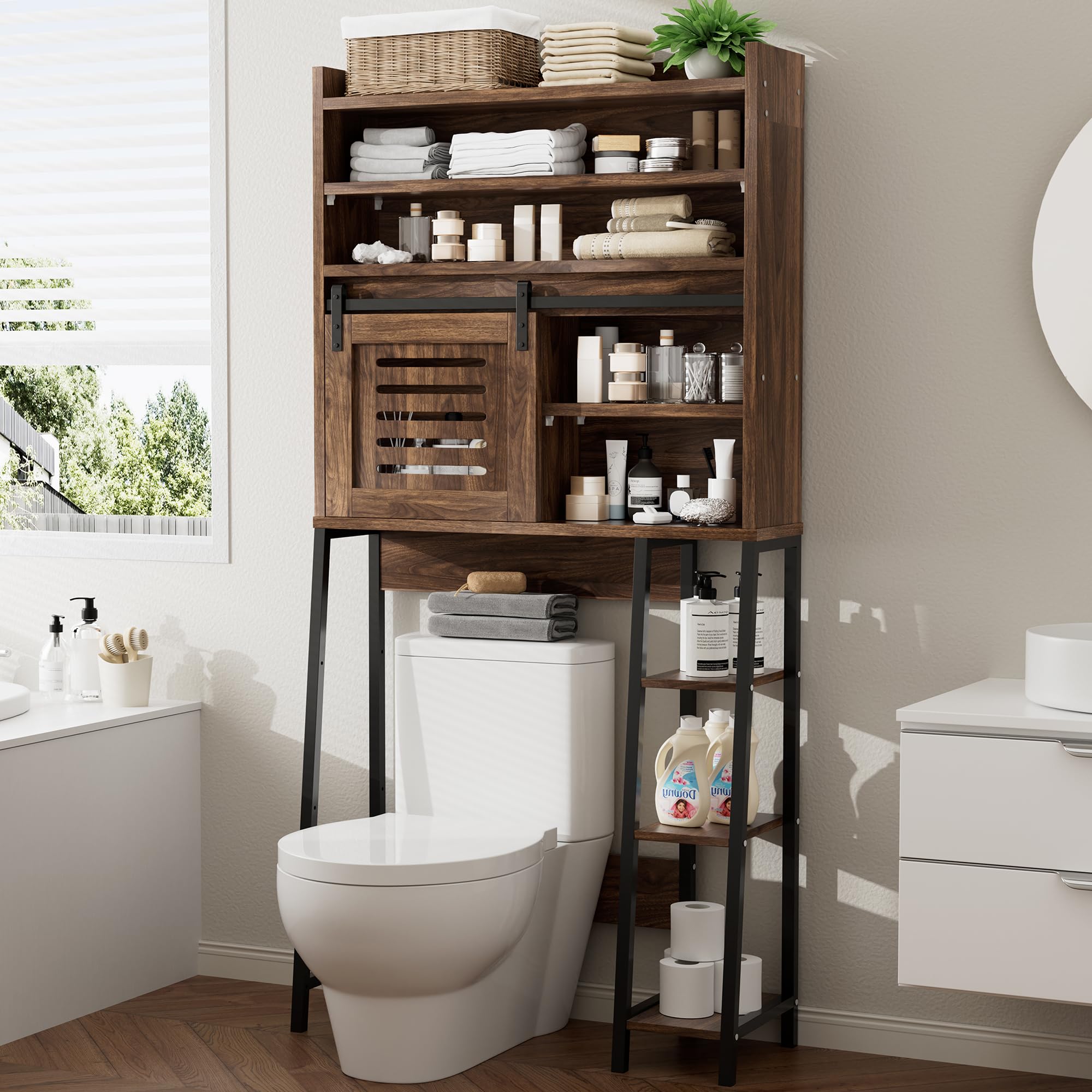 Meilocar Over The Toilet Storage Cabinet, Farmhouse Storage Cabinet Over Toilet with Sliding Doors, Freestanding Bathroom Cabinet Over Toilet Space Saver W/Adjustable Shelf, Walnut