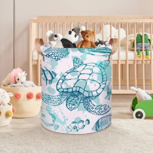 Large Laundry Hamper Basket Sea Turtle Ocean Theme Round Collapsible Storage Organizer Bin for Kids, Boys, Nursery, Closet, Bedroom, Playroom, Toys, Dirty Clothes, 16"W x 20"H