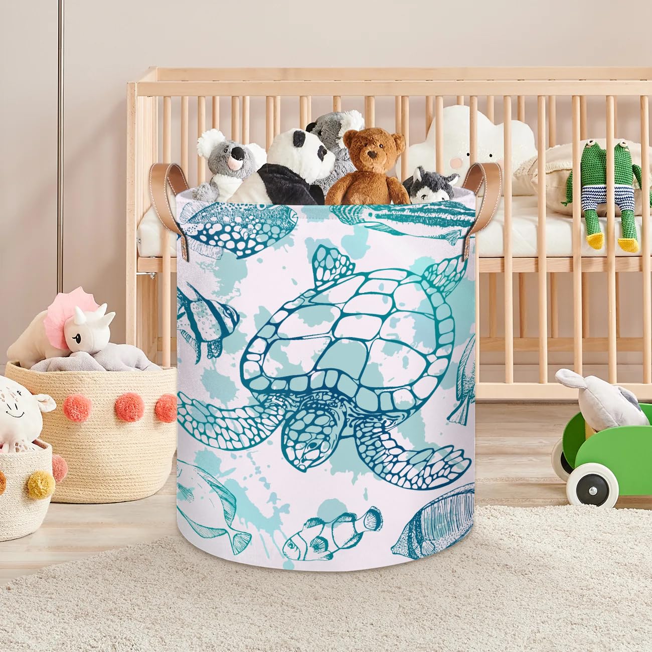 Large Laundry Hamper Basket Sea Turtle Ocean Theme Round Collapsible Storage Organizer Bin for Kids, Boys, Nursery, Closet, Bedroom, Playroom, Toys, Dirty Clothes, 16"W x 20"H