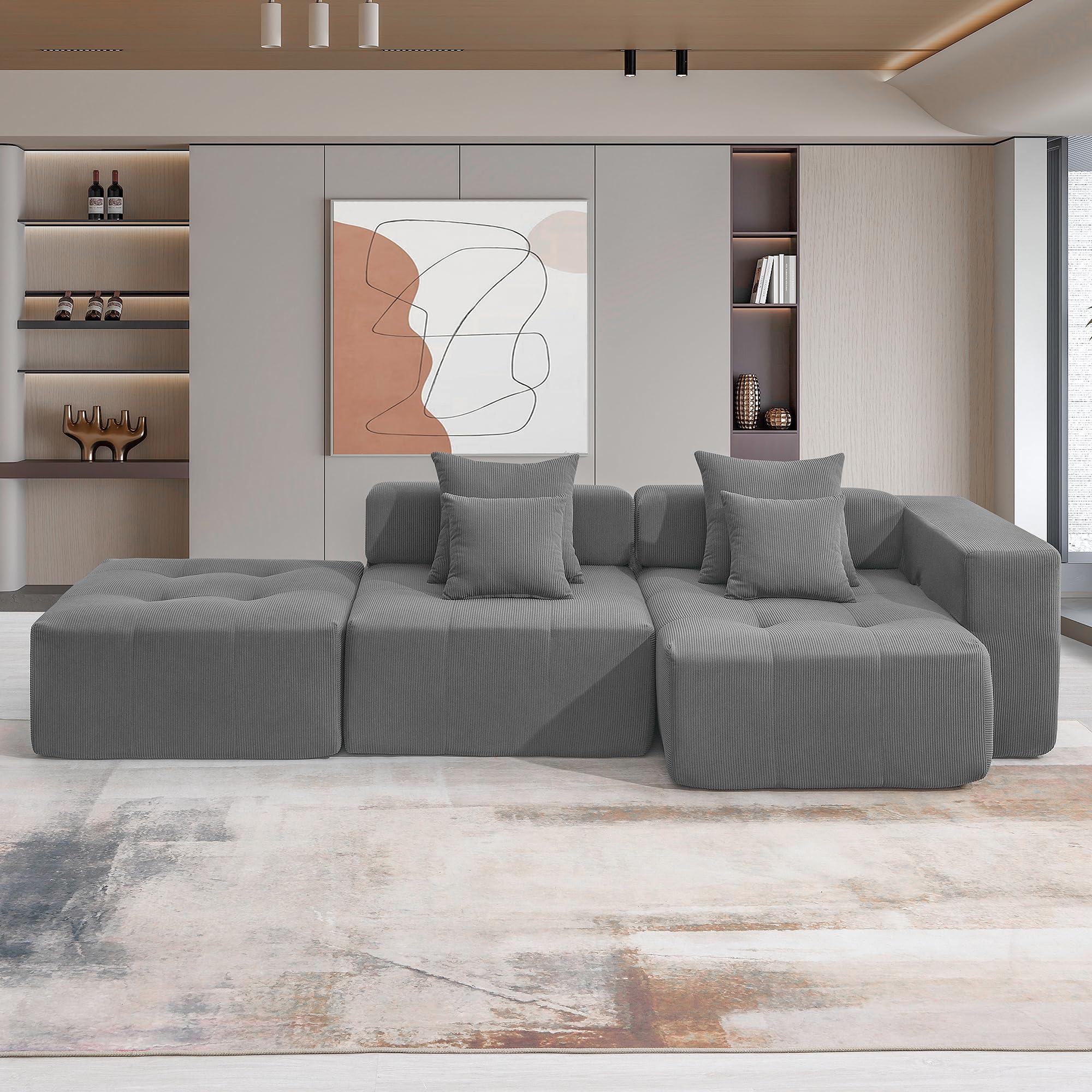 P PURLOVE L Shaped Sectional Sofa, Corduroy Modern Minimalist Style L Shaped Couch, Modular Upholstered Living Room Sofa Set for Living Room, Apartment, 3 PC Free Combination (Gray)