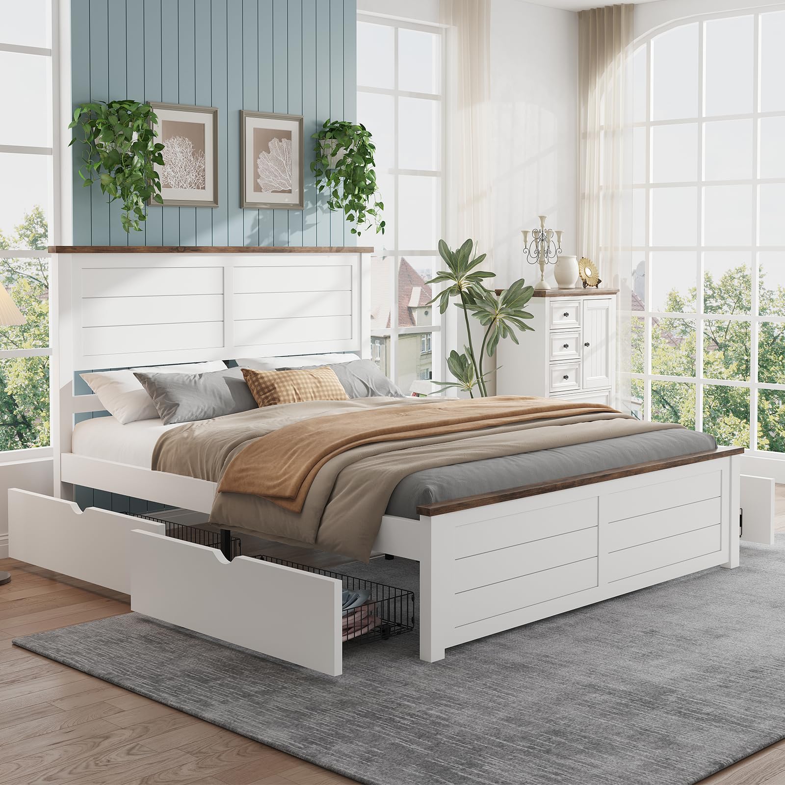 LUXOAK Queen Size Farmhouse Bed Frame with Headboard and 4 Sliding Drawers, Wooden Barn Door Panel Platform Bed with Wood Slats, Heavy Duty Mattress Foundation, Non-Slip & Noise-Free, Antique White