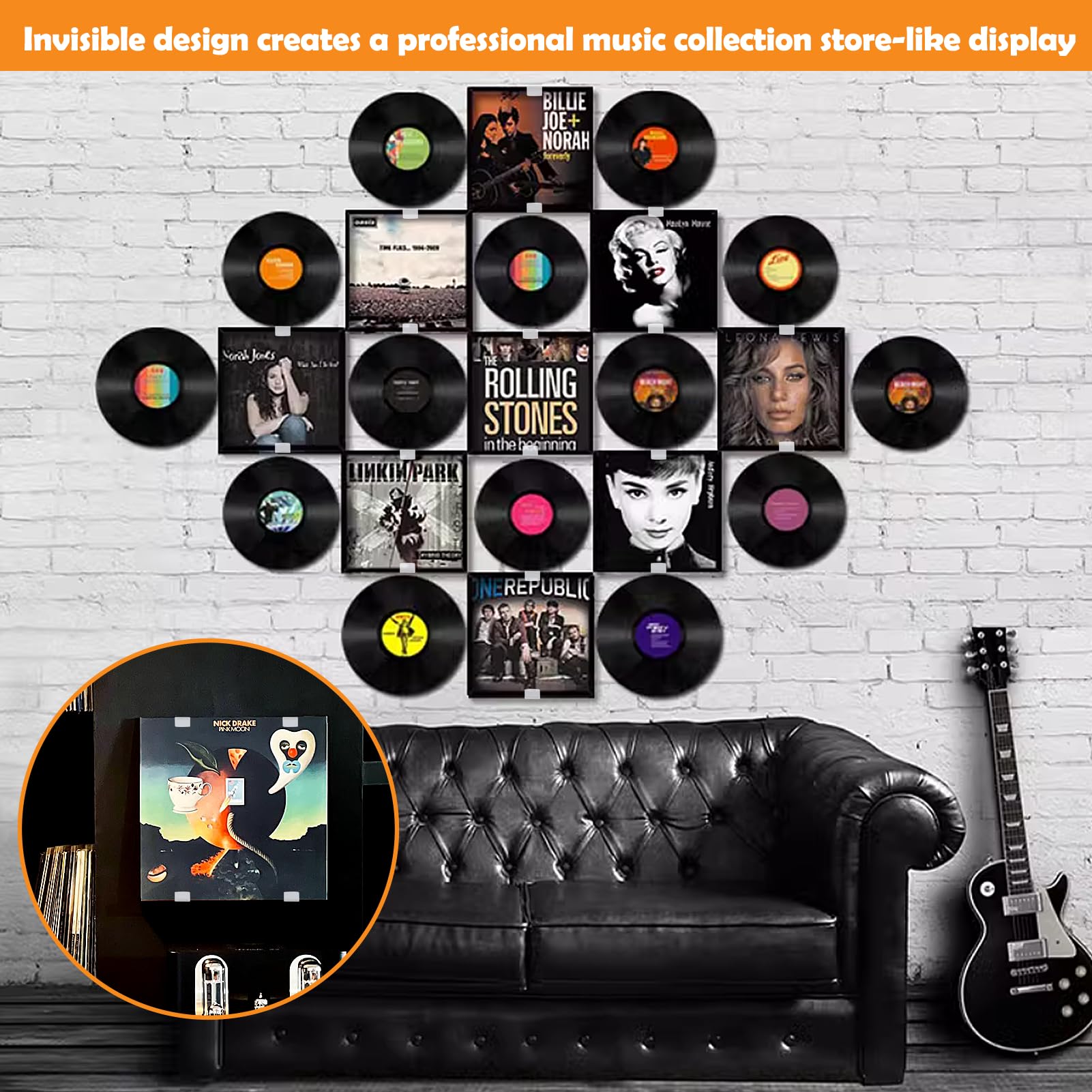 Vodolo Vinyl Record Wall Mount,36 PCS Acrylic Vinyl Record Holder Self Adhesive Clear Vinyl Display Shelf No Drill Vinyl Storage Shelves for Album Covers Display and Home Wall Decoration