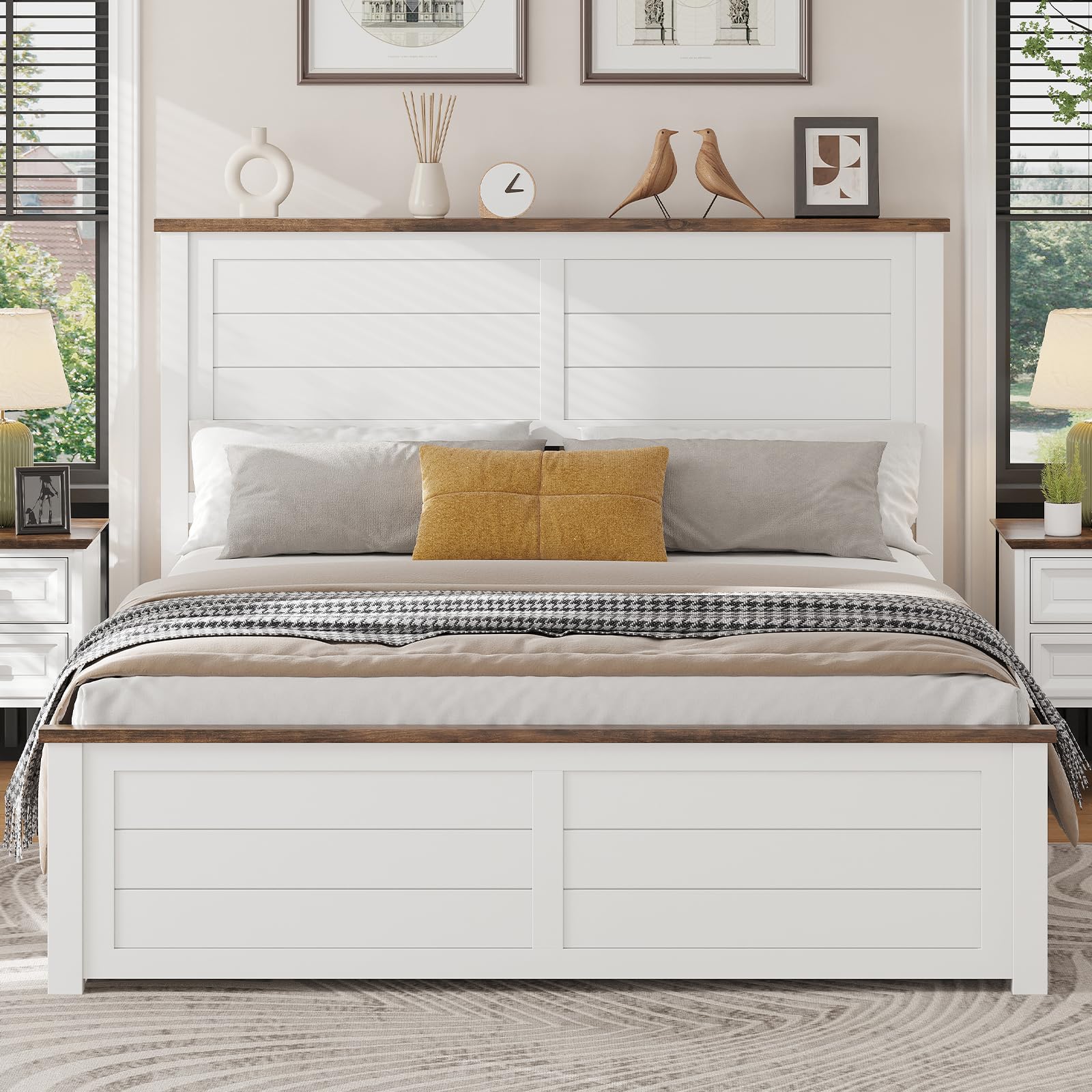 LUXOAK Queen Size Farmhouse Bed Frame with Headboard and 4 Sliding Drawers, Wooden Barn Door Panel Platform Bed with Wood Slats, Heavy Duty Mattress Foundation, Non-Slip & Noise-Free, Antique White