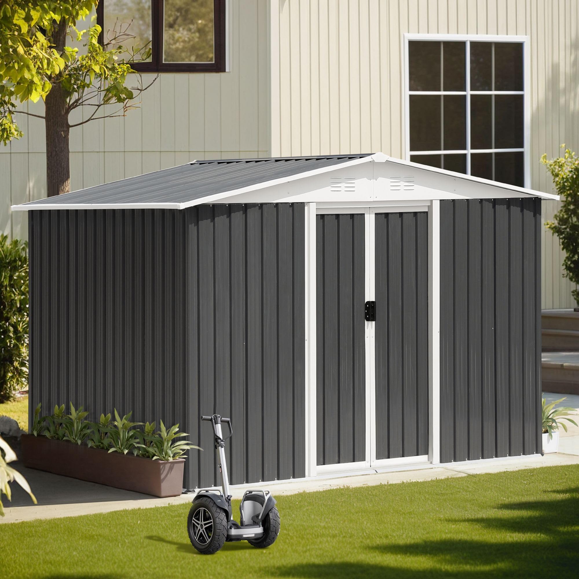 8x6 FT Outdoor Storage Shed, Metal Tool Sheds with Lockable Sliding Door & Air Vent, Garden Shed for Backyard Garden Patio Lawn, Dark Grey