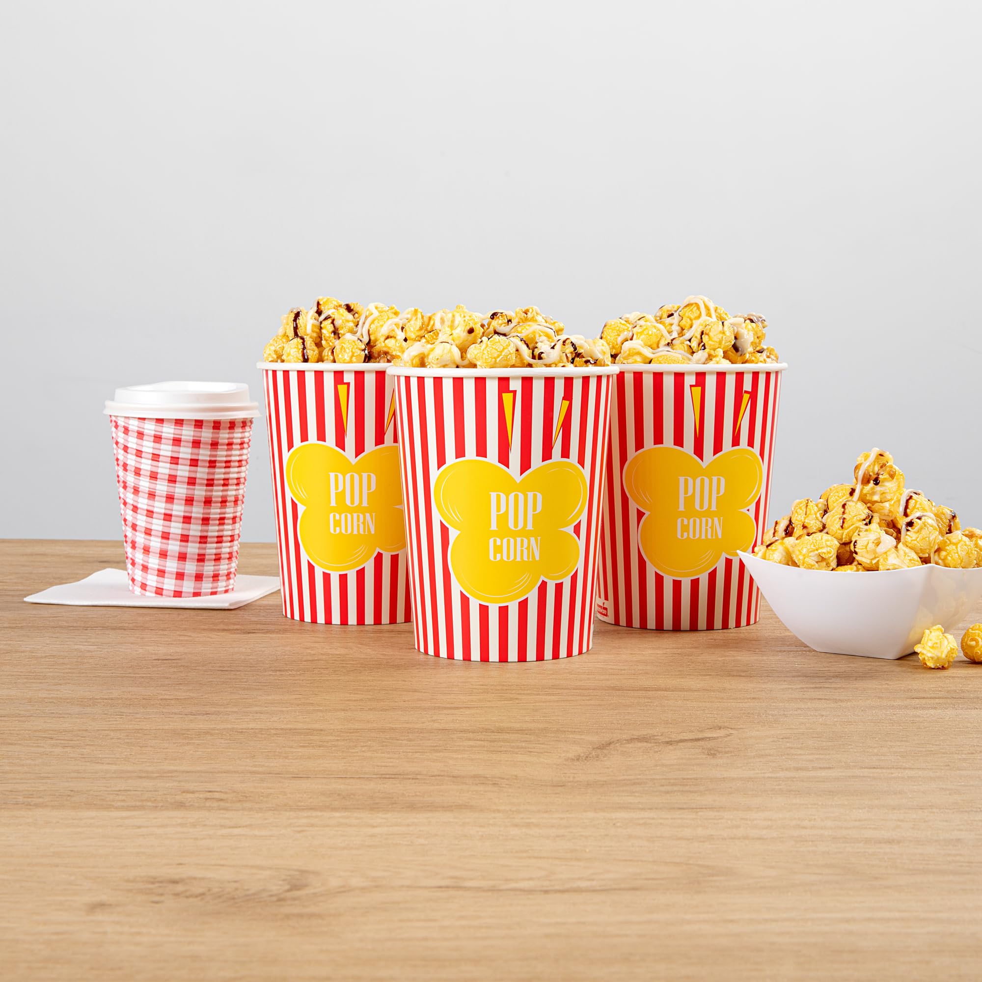 Restaurantware-Bio Tek 32 Ounce Popcorn Cups, 100 Striped Popcorn Tubs - Greaseproof, Disposable, Red Paper Party Popcorn Containers, For Movie Nights