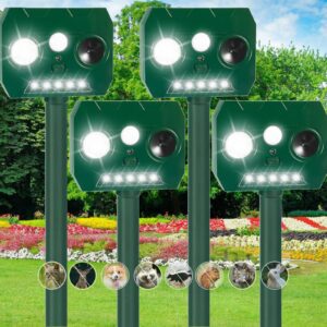 4 pcs solar animal repeller outdoor ultrasonic animal deterrent with flash light & motion sensor for squirrel cat deer skunk rabbit raccoon dog bird, deer repellent raccoon repellent for yard garden