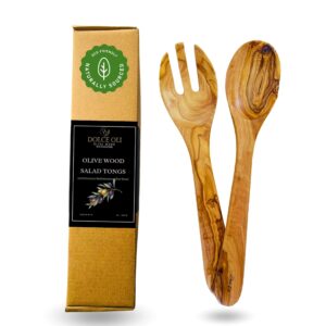 handcrafted olive wood salad tongs and servers set, long handle 100% mediterranean hancrafted eco friendly housewarming gifts, apartment essentials (golden brown, 12inch)