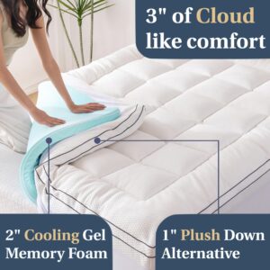 Bivetly Dual Layer 3 Inch Memory Foam Mattress Topper, 2 Inch Cooling Gel Memory Foam Plus 1 Inch Down Alternative Pillow Top Mattress Pad, Soft Elasticized Cover 18" Deep Pocket (Twin)