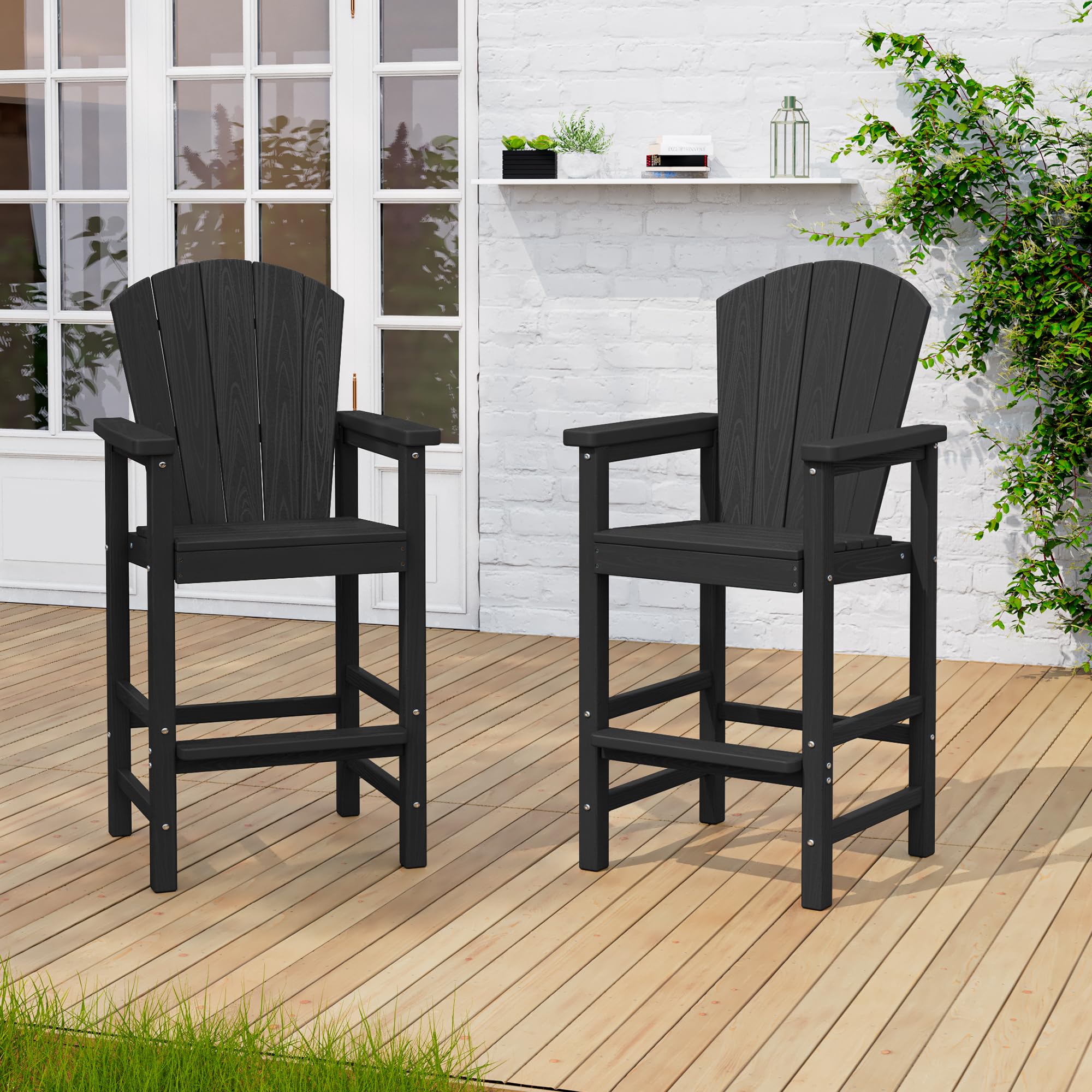 SERWALL Tall Adirondack Chairs Set of 2, HDPE Bar Height Outdoor Chairs, Wood-Like Adirondack Bar Stools for Patio, Balcony, Porch, Black