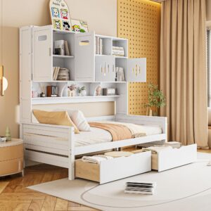 Merax Twin Size Wooden Daybed with 2 Drawers & Bookcase Headboard, and All-in-One Storage Cabinet and Shelf, White