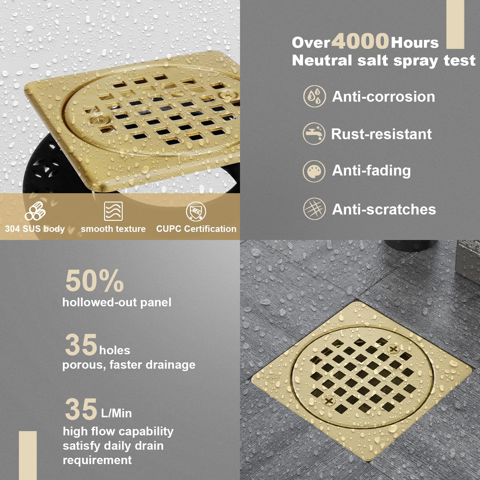 Yaseingoo 4” Drain Grate Kit - Compatible with Schluter Kerdi-Drain Flange - Shower Floor Drain Kit with Adjustable Collar - Removable Square Drain Set - SUS 304 Stainless Steel Grate - Brushed Brass