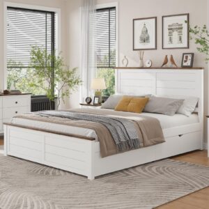 LUXOAK Queen Size Farmhouse Bed Frame with Headboard and 4 Sliding Drawers, Wooden Barn Door Panel Platform Bed with Wood Slats, Heavy Duty Mattress Foundation, Non-Slip & Noise-Free, Antique White