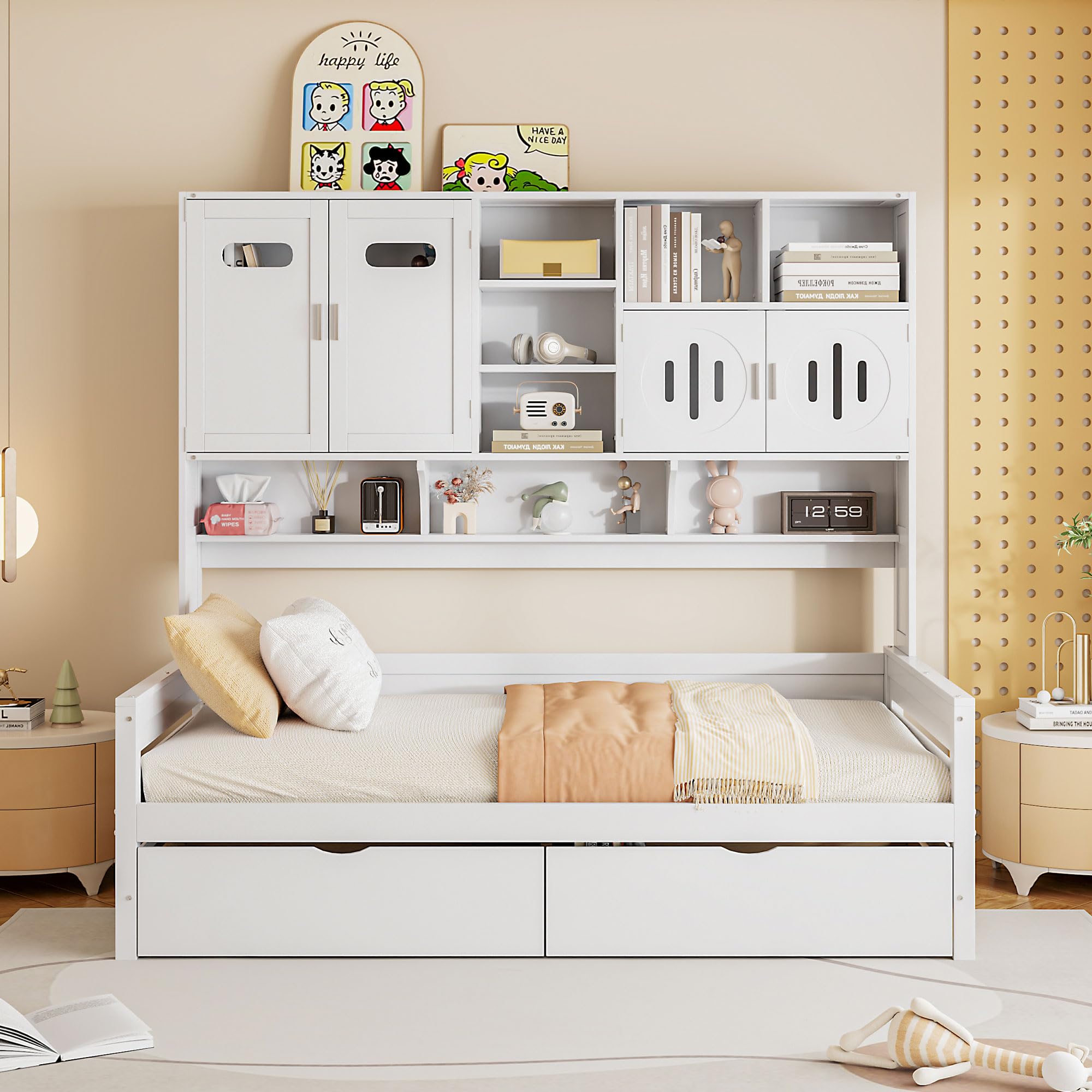 Merax Twin Size Wooden Daybed with 2 Drawers & Bookcase Headboard, and All-in-One Storage Cabinet and Shelf, White