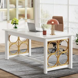 Tribesigns 63" Executive Desk, Modern Office Desk with Glossy Surface, Large Computer Desk for Home Office, Conference Table for Meeting Room, Glossy White & Gold