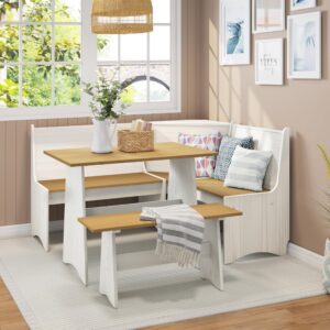 kyle & kay 3-piece dining table set, corner breakfast nook corner set with bench and corner seat, space-saving kitchen table for 4-6 people, kitchen corner table, white