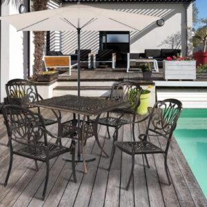 VINGLI 5 Pieces Outdoor Patio Dining Set, Cast Aluminium Patio Furniture Set with 4 Chairs and 1 Umbrella Table for Yard, Garden, Porch and Poolside, Bronze (Square Table and Chairs)