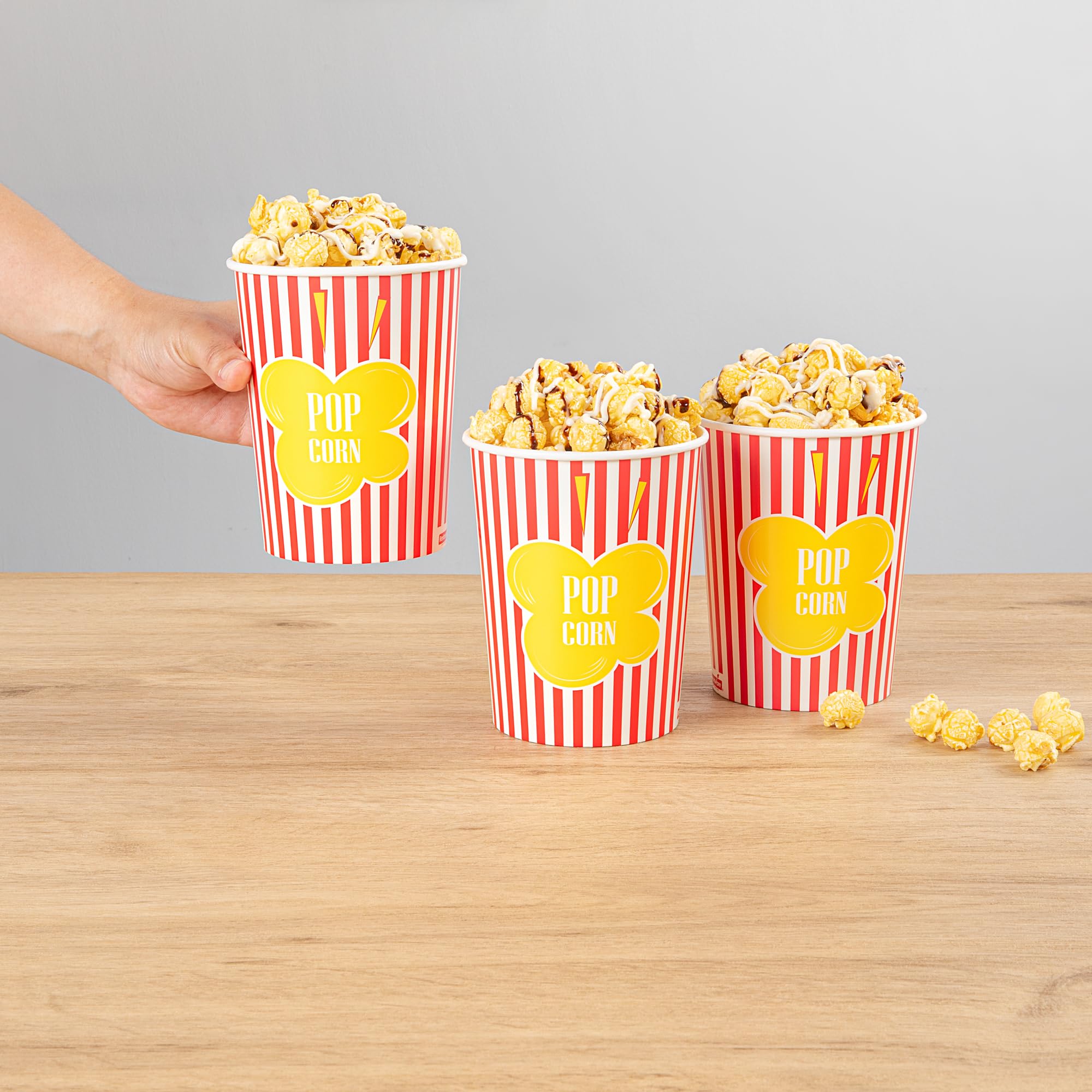 Restaurantware-Bio Tek 32 Ounce Popcorn Cups, 100 Striped Popcorn Tubs - Greaseproof, Disposable, Red Paper Party Popcorn Containers, For Movie Nights