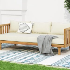 Merax Outdoor 3 Seater Daybed, Acacia Wood Day Bed Couch Sofa with Cushions for Patio Backyard, Garden, Beige