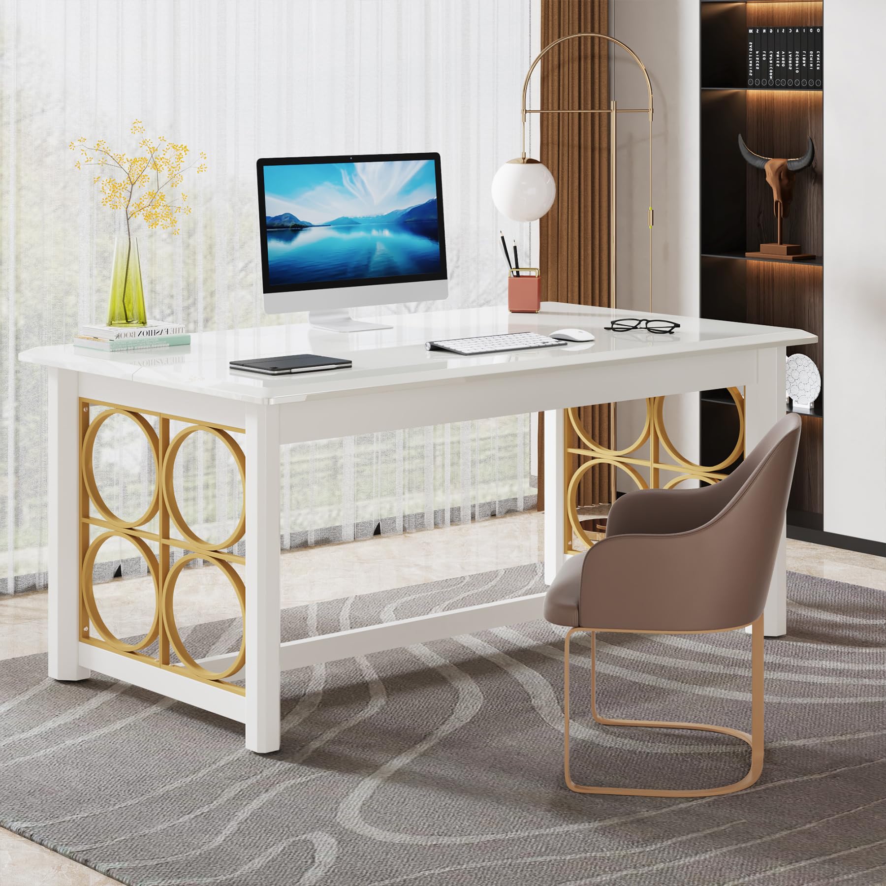 Tribesigns 63" Executive Desk, Modern Office Desk with Glossy Surface, Large Computer Desk for Home Office, Conference Table for Meeting Room, Glossy White & Gold