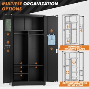 METALTIGER 72" Metal Wardrobe Armoire Closet Cabinet with Digital Lock, Adjustable Shelves, Hanging Rods, and Mirror - Lockable Steel Storage Locker Office, Gym, Laundry Room, or School (Black)