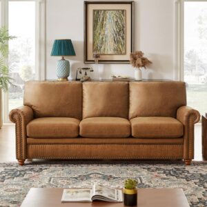 onbrill 84" faux leather couch, mid-century modern couch w/brass nailhead trim, 3 seater leather sofa couch w/rolled arm, pocket spring cushions, gourd feet, brown couch leather sofas for living room