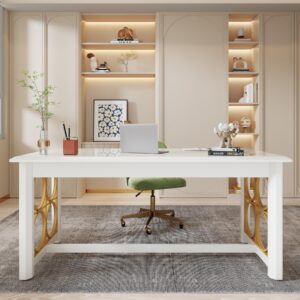 Tribesigns 63" Executive Desk, Modern Office Desk with Glossy Surface, Large Computer Desk for Home Office, Conference Table for Meeting Room, Glossy White & Gold