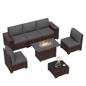 amopatio outdoor patio furniture sets, 7 pieces brown wicker patio sectional couch with glass top table and waterproof covers, outdoor sofa fit backyard poolside, grey cushion