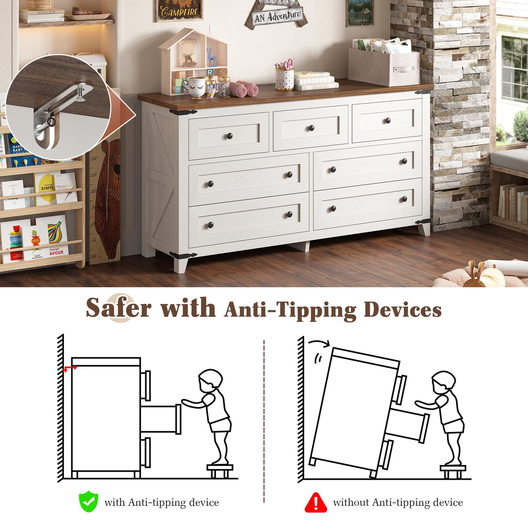 EnHomee Farmhouse 7 Drawers Dresser for Bedroom 51" Wide Wood Dressers & Chests of Drawers White Dresser with Natural Texture Bedroom Dresser TV Stand for Bedroom, Hallway, Closet, Antique White