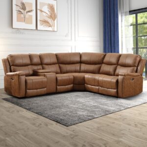 EBELLO Faux Leather Power Reclining Sectional Couches for Living Room, Recliner Sofa Set Corner Sectional Couch Home Furniture Set, with Storage Console and Hidden Cup Holders, USB Port, Brown