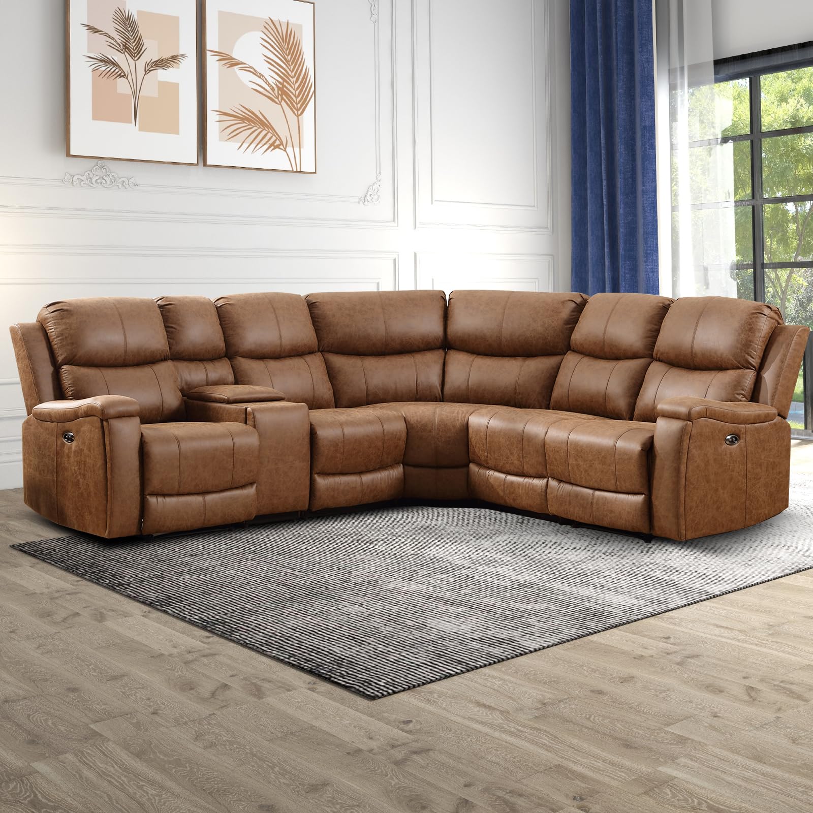 EBELLO Faux Leather Power Reclining Sectional Couches for Living Room, Recliner Sofa Set Corner Sectional Couch Home Furniture Set, with Storage Console and Hidden Cup Holders, USB Port, Brown