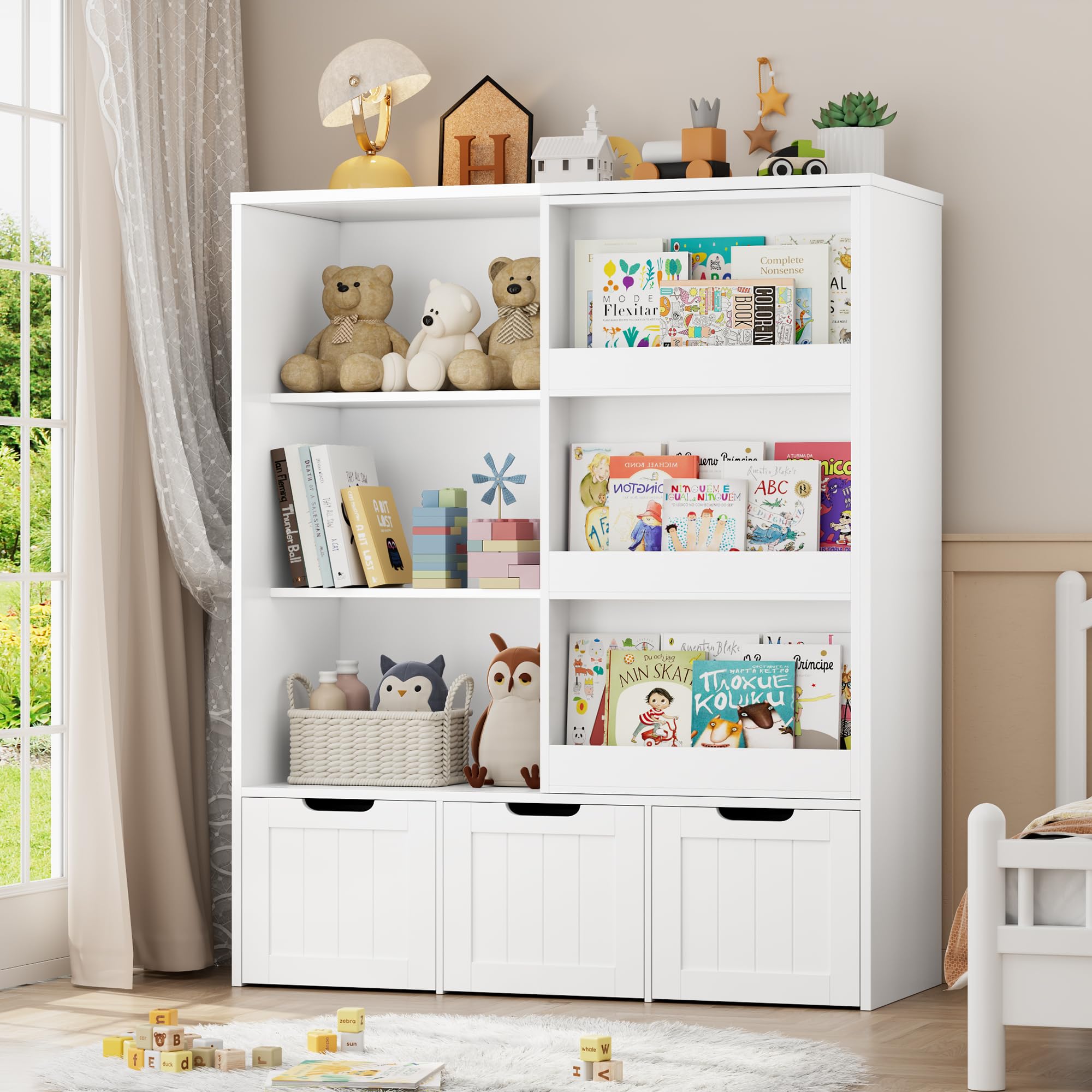 FOTOSOK Toy Storage Organizer with Sliding Book Shelf, Toy Organizers and Storage with 3 Movable Drawers and 6 Storage Cubbies, Playroom Organization and Storage Kids Bookshelf for Playroom, Bedroom