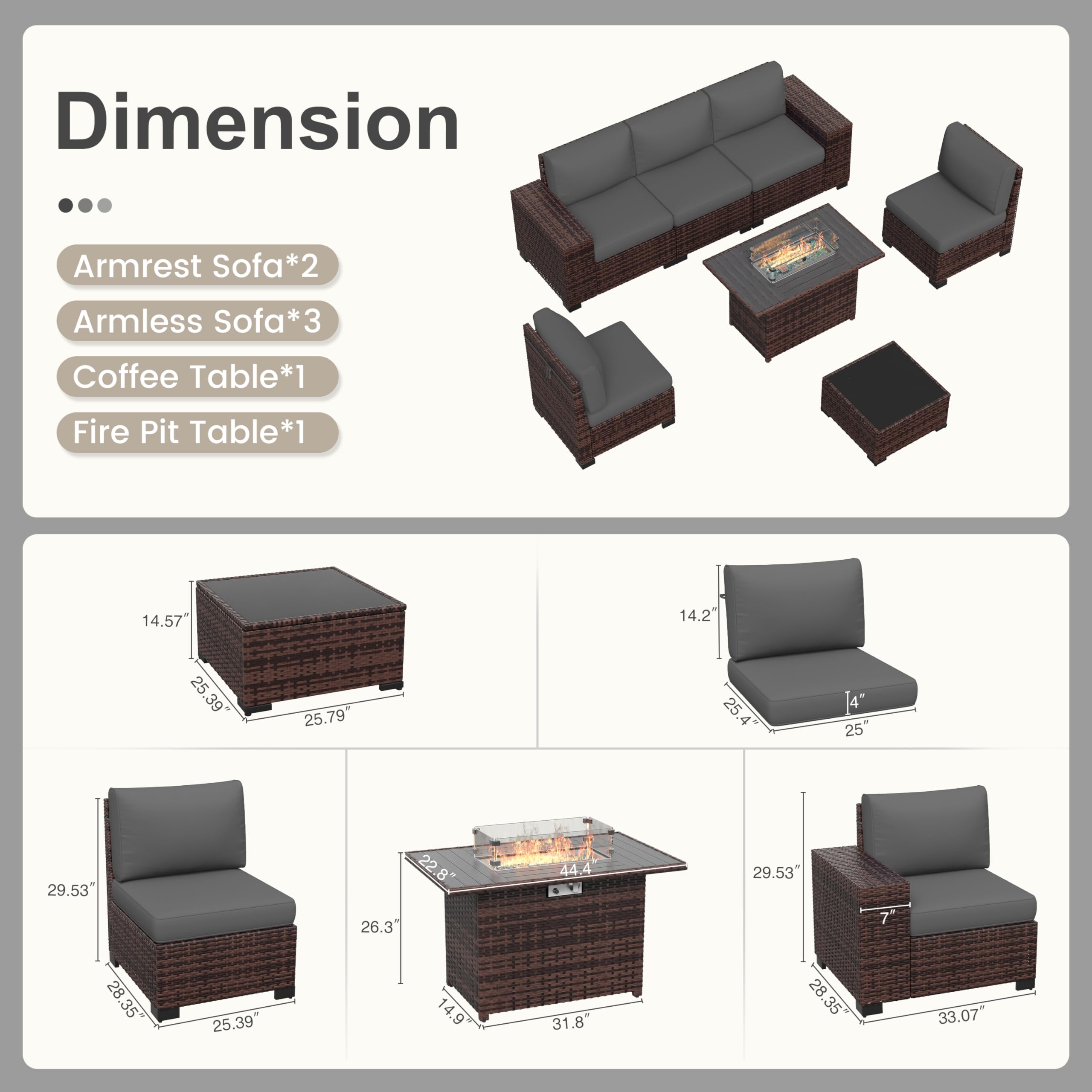 Amopatio Outdoor Patio Furniture Sets, 7 Pieces Brown Wicker Patio Sectional Couch with Glass Top Table and Waterproof Covers, Outdoor Sofa Fit Backyard Poolside, Grey Cushion