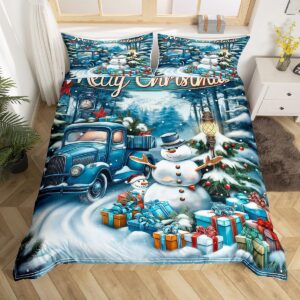 manfei christmas duvet cover,snowy trailer truck xmas gifts quilt cover(no filler),winter snowman pine trees romantic blue white bedding set with 2 pillowcases,teens room decor,queen size