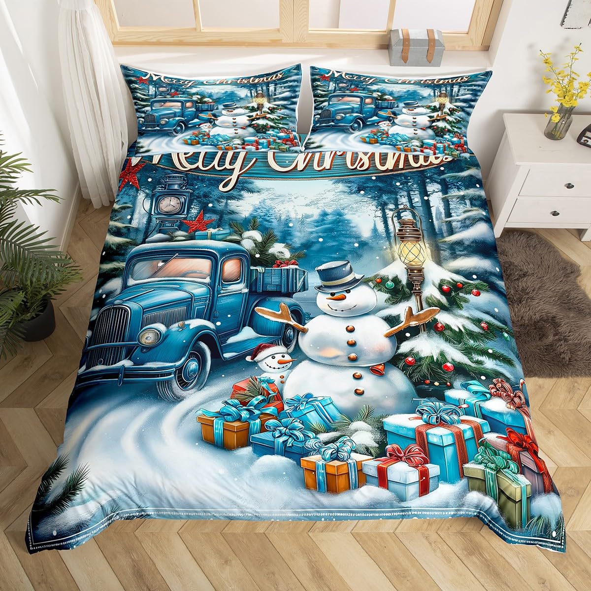 Manfei Christmas Duvet Cover,Snowy Trailer Truck Xmas Gifts Quilt Cover(No Filler),Winter Snowman Pine Trees Romantic Blue White Bedding Set with 2 Pillowcases,Teens Room Decor,Queen Size