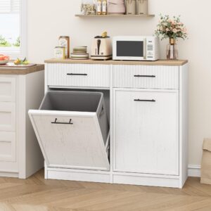 gaomon double fluted tilt out trash can cabinet, hidden garbage can cabinet 20 gallon, freestanding dog proof trash can cabinet, wooden white trash can for kitchen dining living room