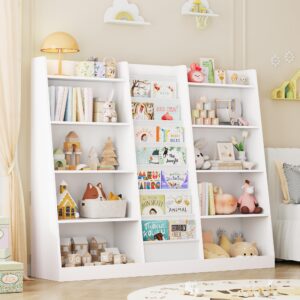 FOTOSOK 58’’ Kids Bookshelf, Super Large Wooden Book Shelf for Kids Rooms with 7 Deep Sling Sleeves and 10 Wooden Racks, Toy Storage Organizer Nursery Book Shelves for Quick Book Access, White