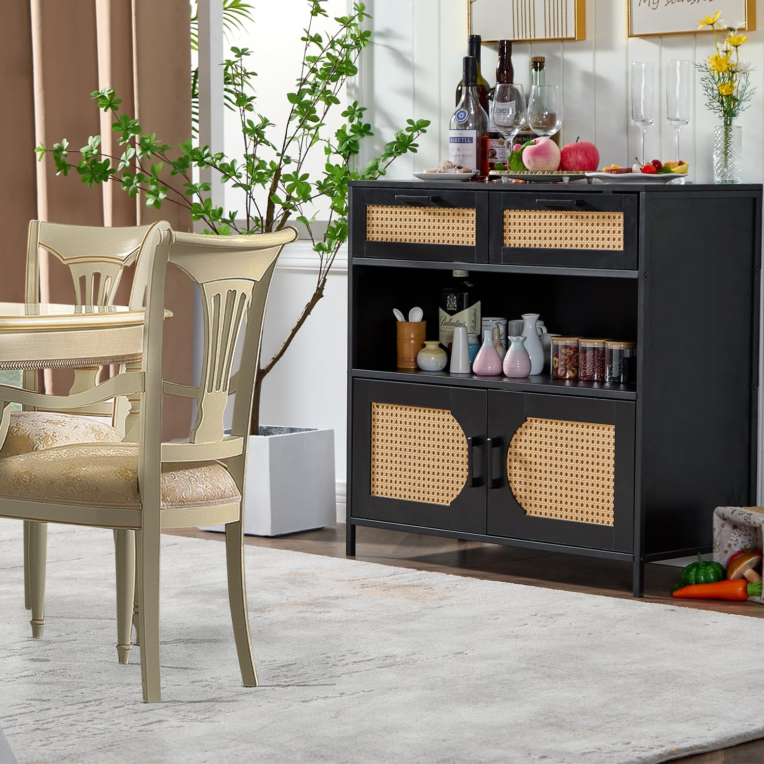 LIDYUK Sideboard Buffet Cabinet with Charging Station, Kitchen Storage Cabinet with Rattan Doors, Cupboard Console Table Sideboard Cabinet for Dining Room Hallway, Black