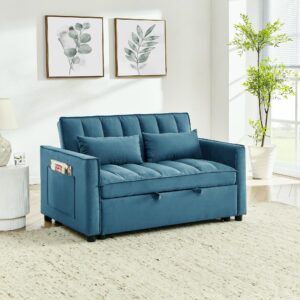 FREESNOOZE Modern Loveseat Sleeper Sofa Bed Pull Out Couch, Adjustable Backrest, Velvet 3-in-1 Convertible for Living Room Sofa with Storage Pocket, Throw Pillow(Blue)