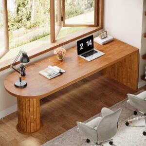 Tribesigns 78.74-Inch 2 Persons Double Desk, Extra Long Ellipse Computer Desk, Wooden Home Office Desk with Cylindrical Pedestal, Industrial Study Writing Table Workstation Business Furniture