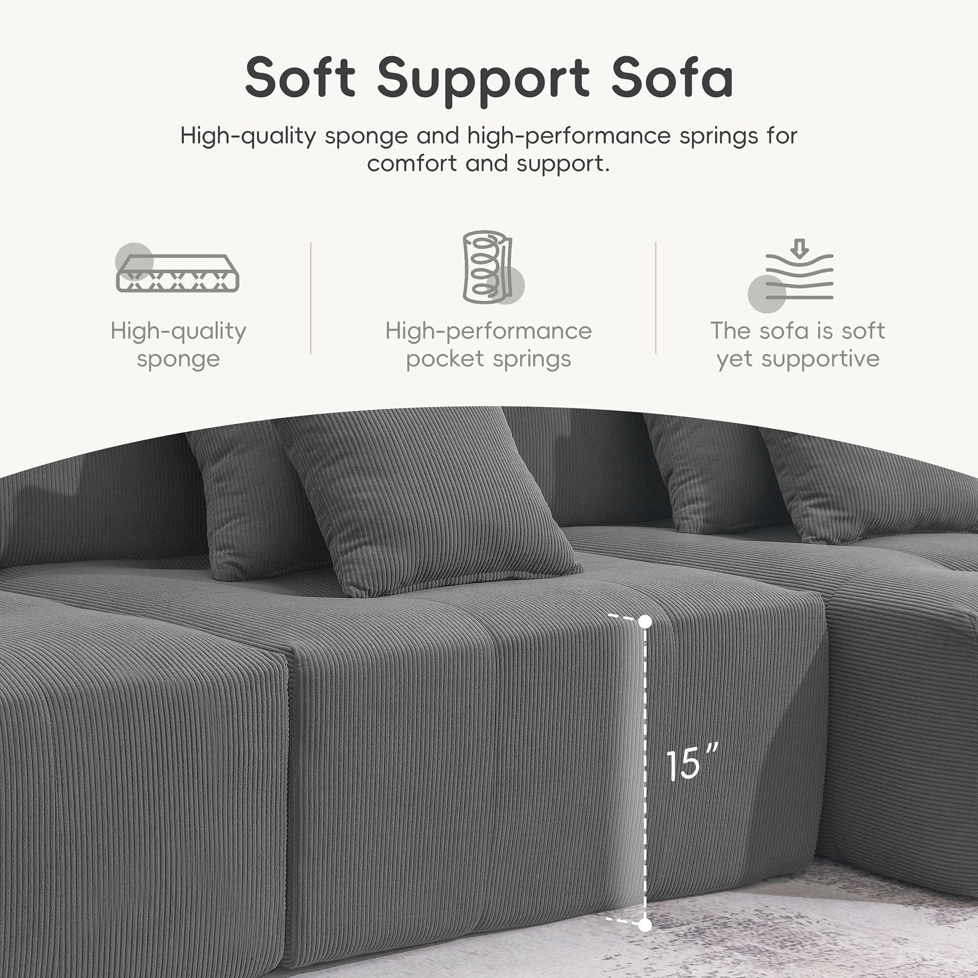 P PURLOVE L Shaped Sectional Sofa, Corduroy Modern Minimalist Style L Shaped Couch, Modular Upholstered Living Room Sofa Set for Living Room, Apartment, 3 PC Free Combination (Gray)