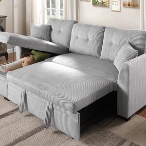 BEEY Small Sleeper Sofa, 82" Convertible L Shaped Couch with Pull Out Bed and Storage Chaise, Corduroy Sectional Sofa Bed for Bedroom, Living Room, Apartment, Light Grey