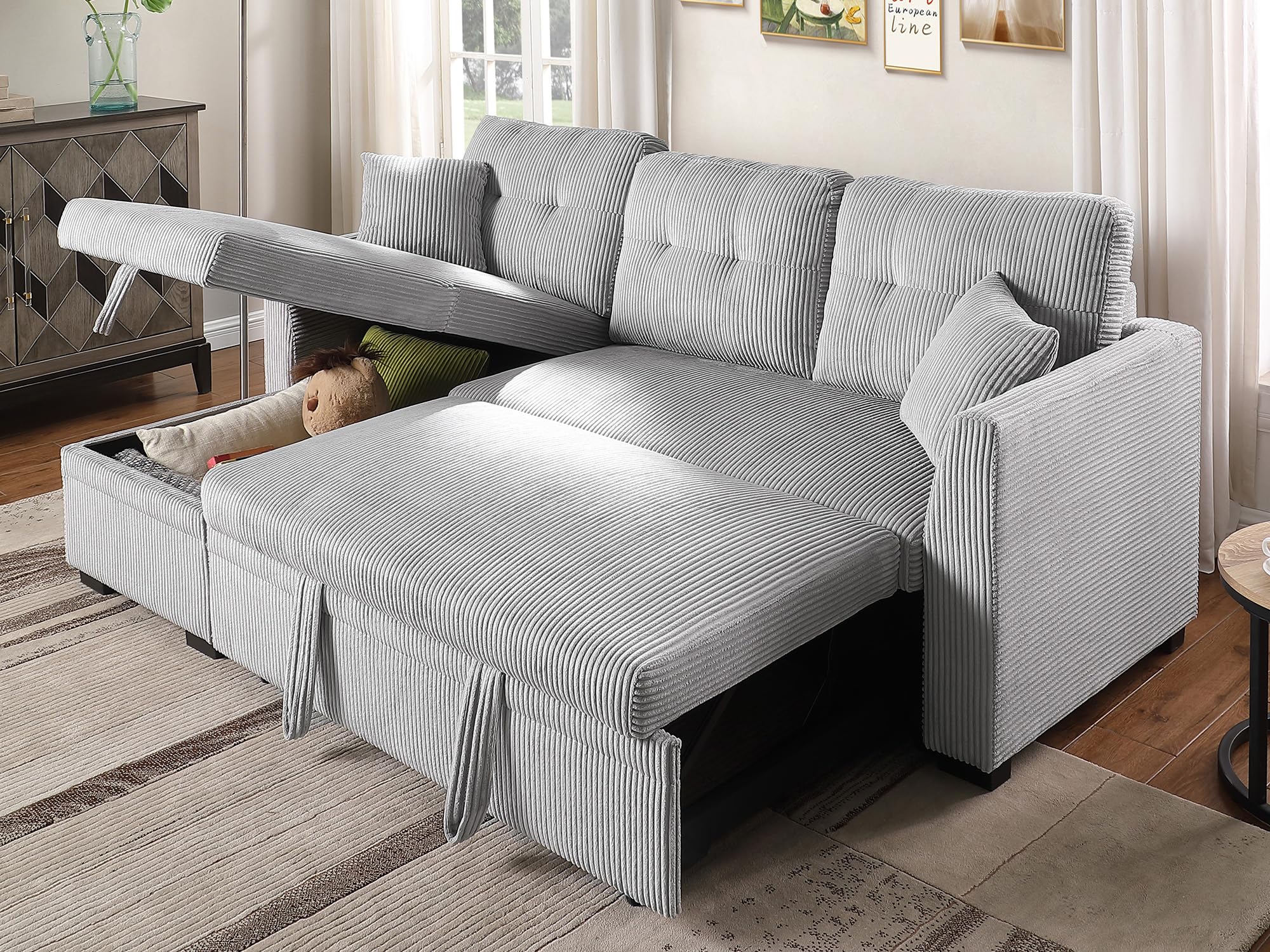 BEEY Small Sleeper Sofa, 82" Convertible L Shaped Couch with Pull Out Bed and Storage Chaise, Corduroy Sectional Sofa Bed for Bedroom, Living Room, Apartment, Light Grey